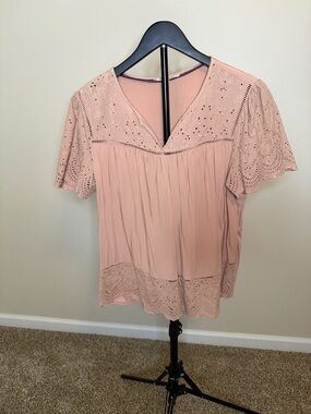 Eyelet V-Neck Flutter Sleeve Blouse - Dusty Rose